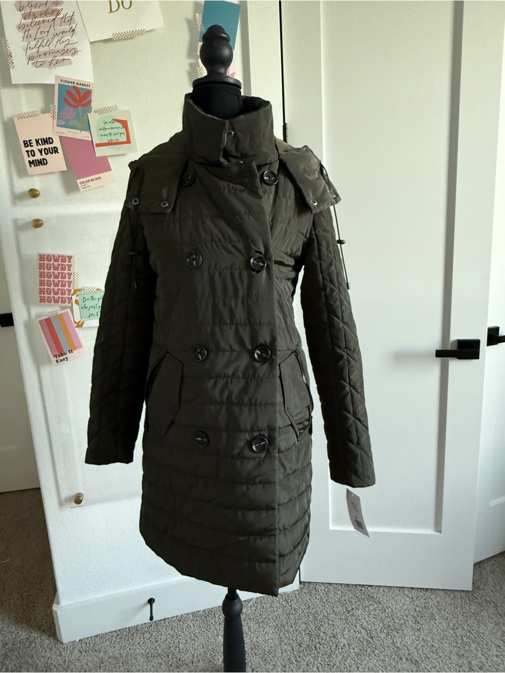 French Connection Olive Quilted Double-Breasted Coat